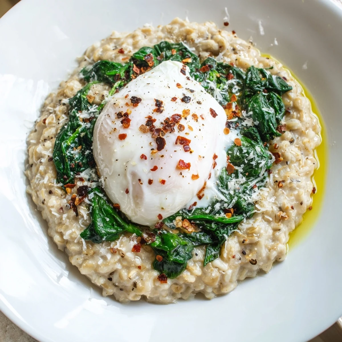 Close-up of Savoury Oatmeal with Spinach & Poached Egg, a breakfast bowl with a runny egg yolk.