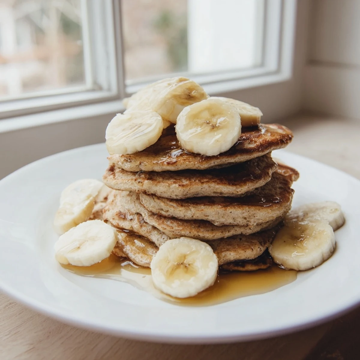 Golden-brown banana oat pancakes, fluffy and perfect, served with fresh berries and maple syrup.