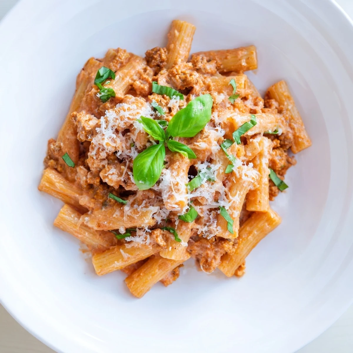 A close-up of delicious Creamy Tomato and Sausage Pasta, perfect for a cozy, comforting dinner.