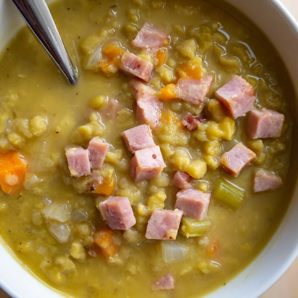 Steaming bowl of Hearty Split Pea and Ham Soup, ready to be served with crusty bread.