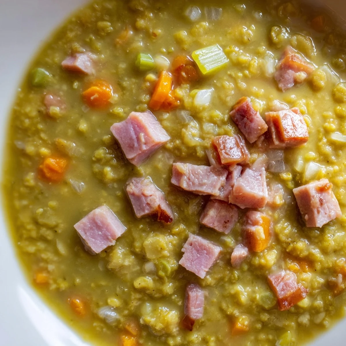 Close-up of golden-broth Hearty Split Pea and Ham Soup, with visible ham and peas.