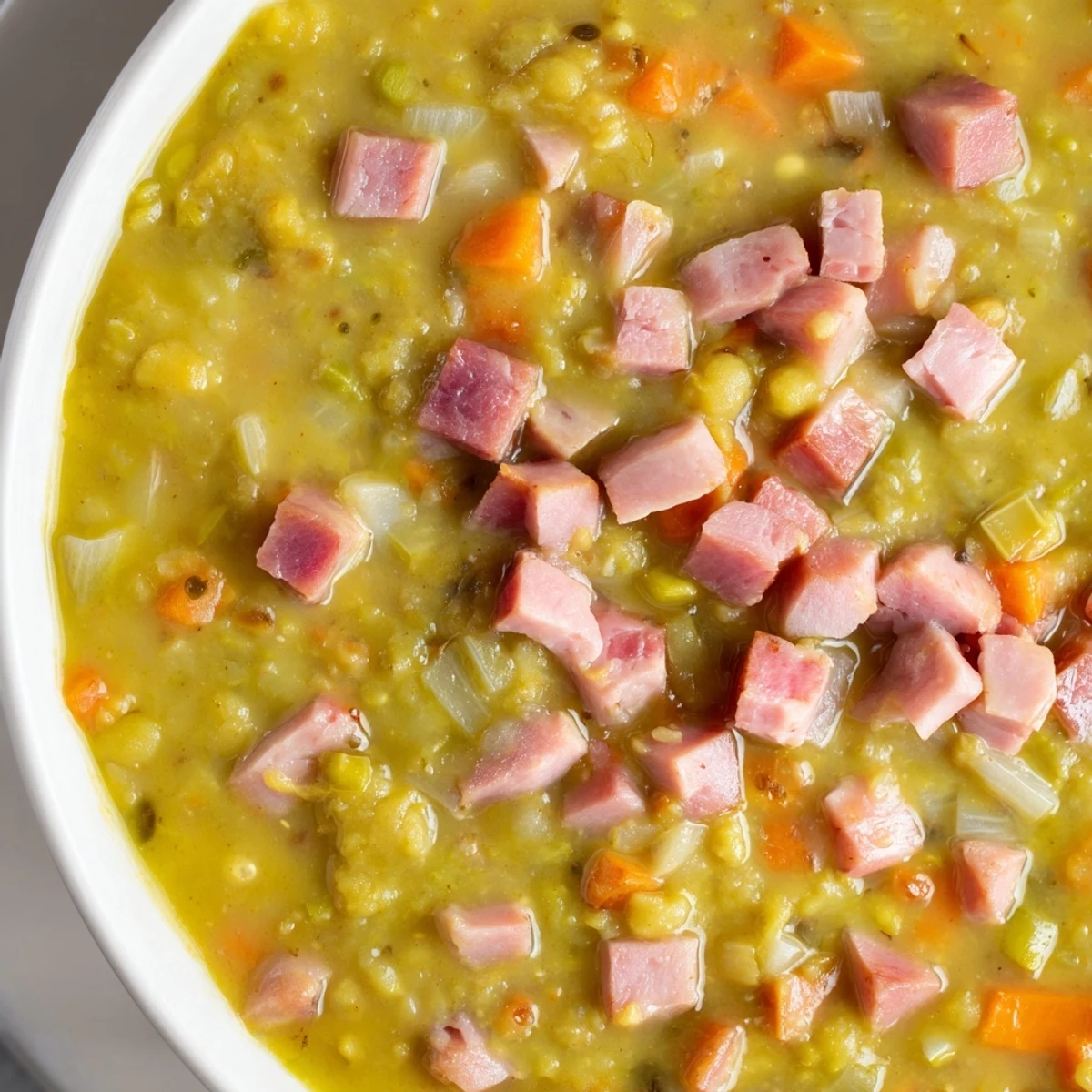 Rich, savory Hearty Split Pea and Ham Soup, perfect for a cold day, with tender ham.