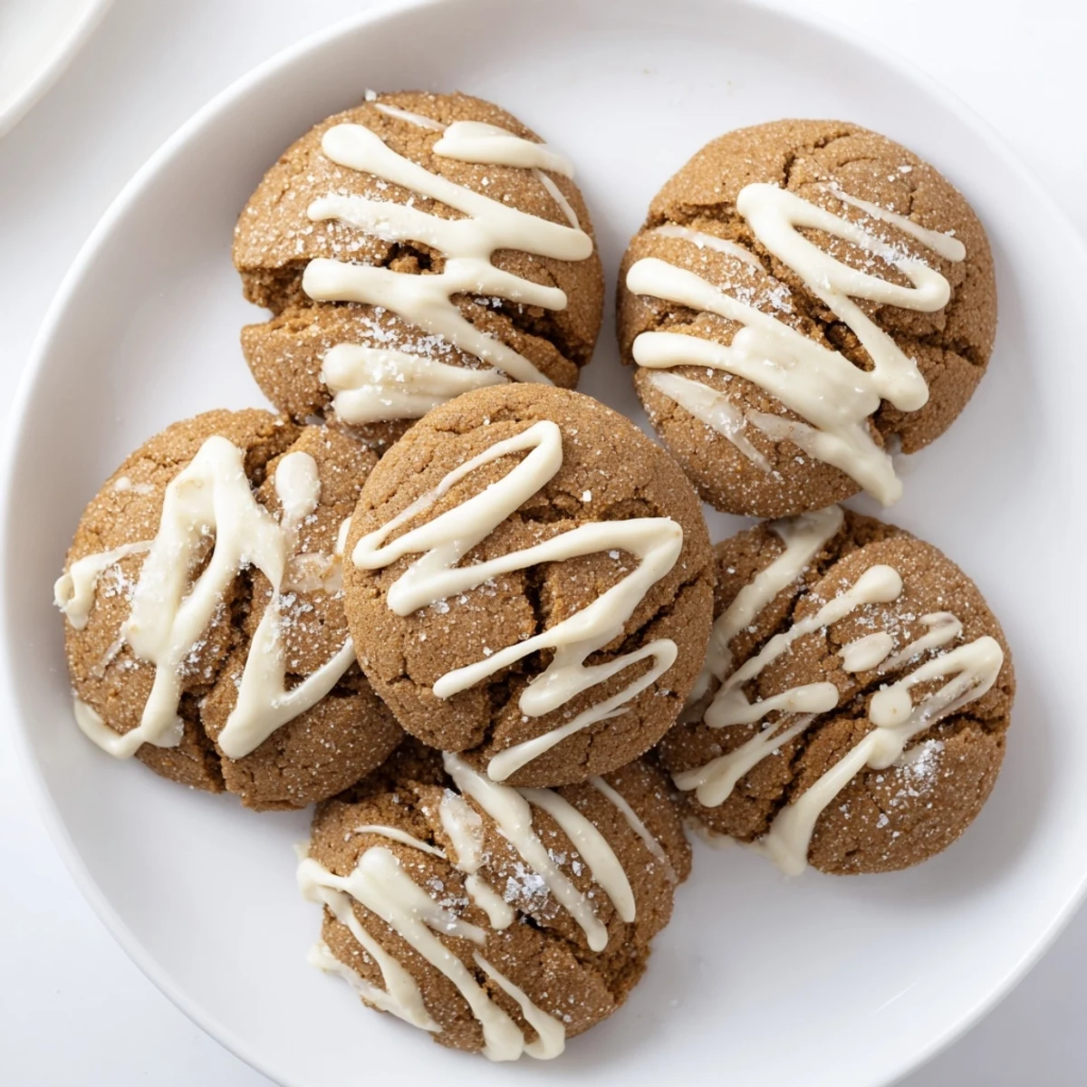 Golden, crackled gingerbread latte cookies with a white chocolate drizzle, ready to enjoy.