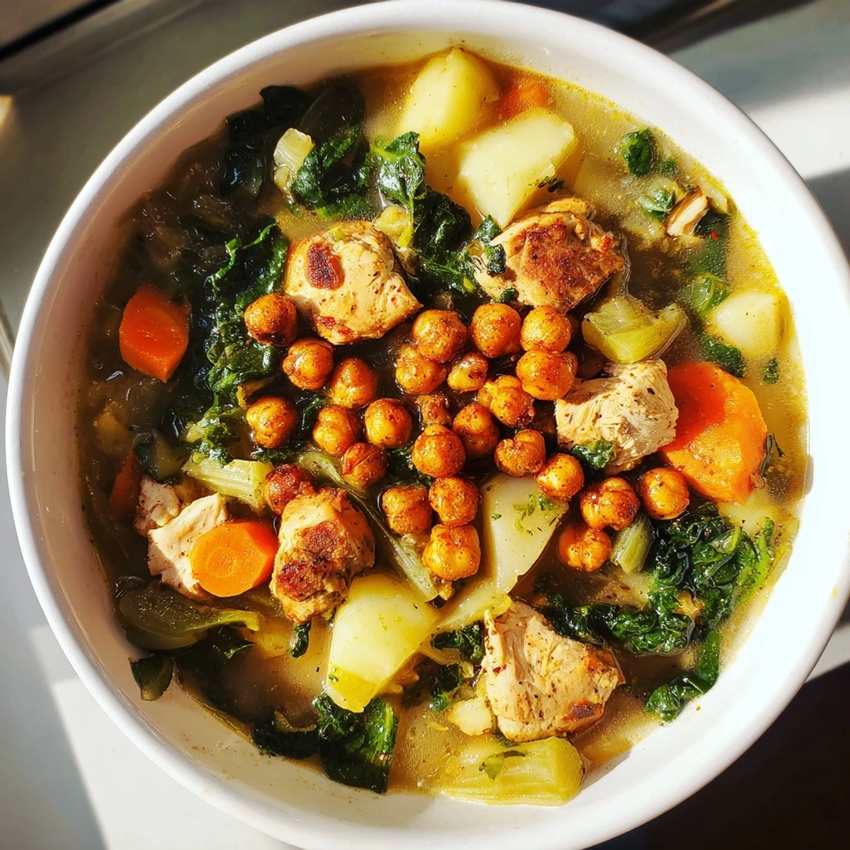 A steaming bowl of Chicken Kale Soup topped with golden, crispy roasted chickpeas.
