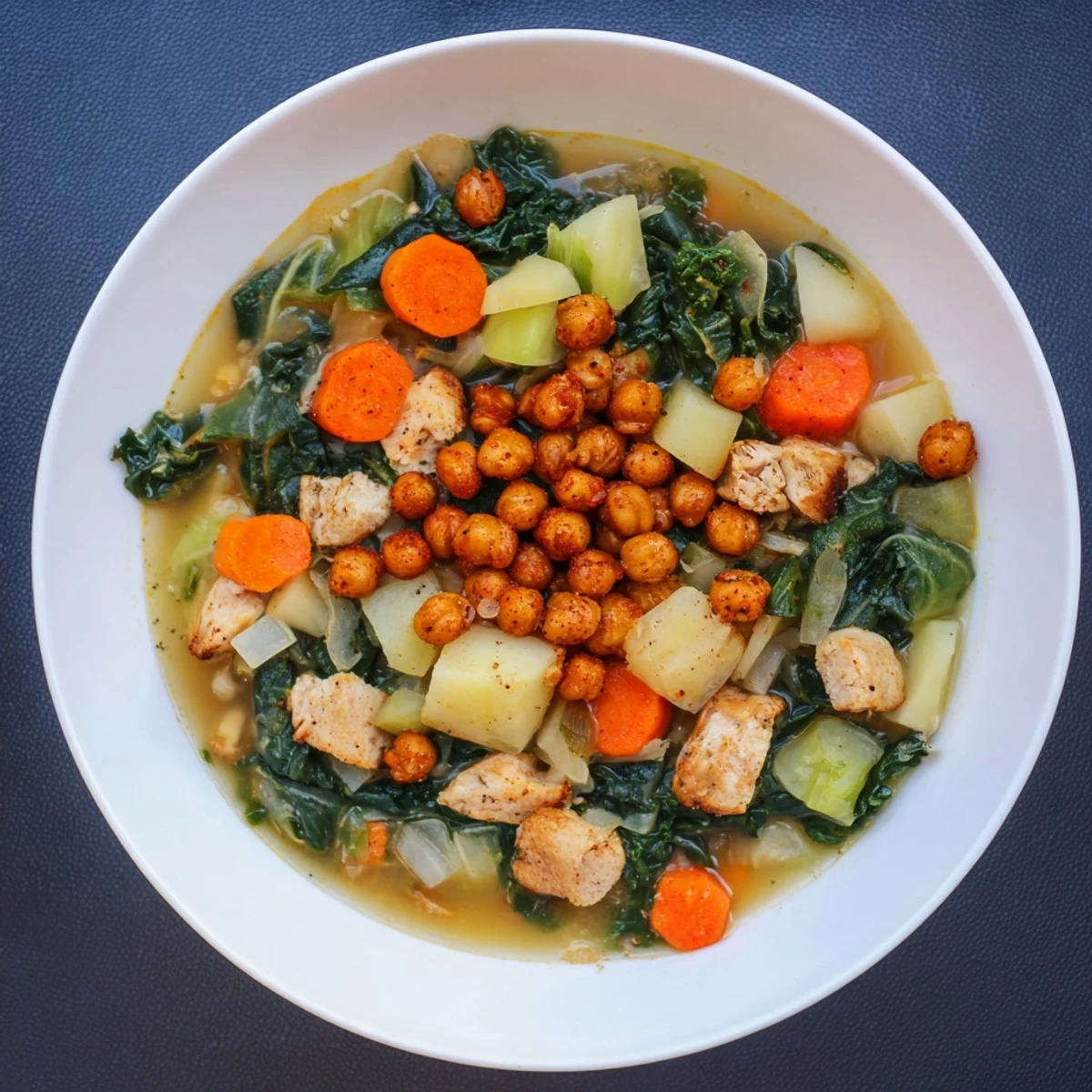 Hearty Chicken Kale Soup with visible carrots, kale, and crunchy chickpeas ready to eat.