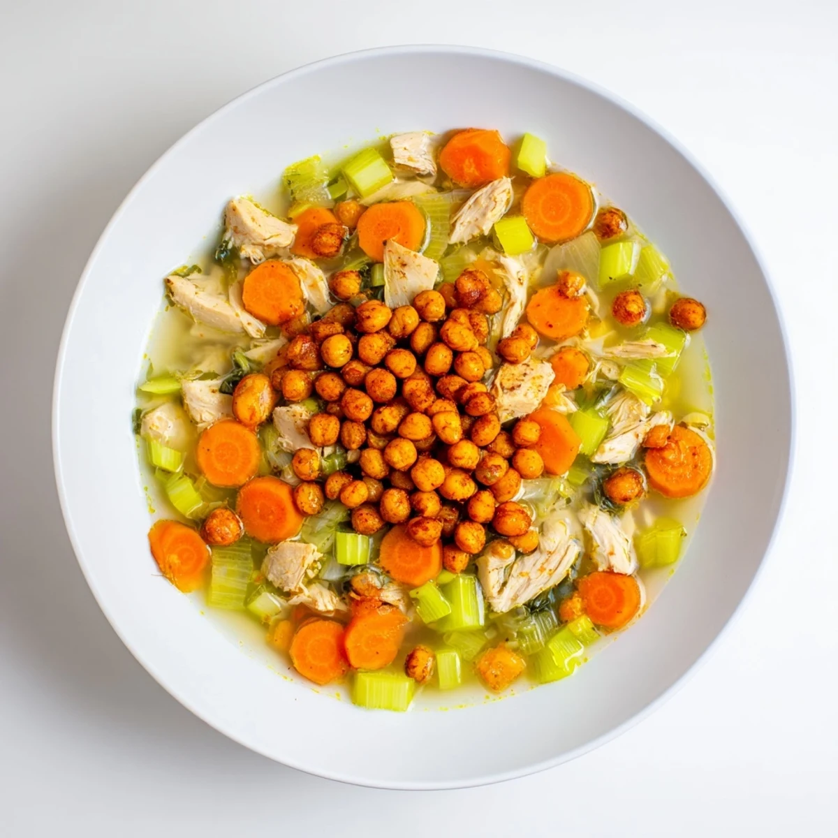 A close-up view of Chicken Kale Soup with crispy chickpeas: a healthy and delicious American classic.