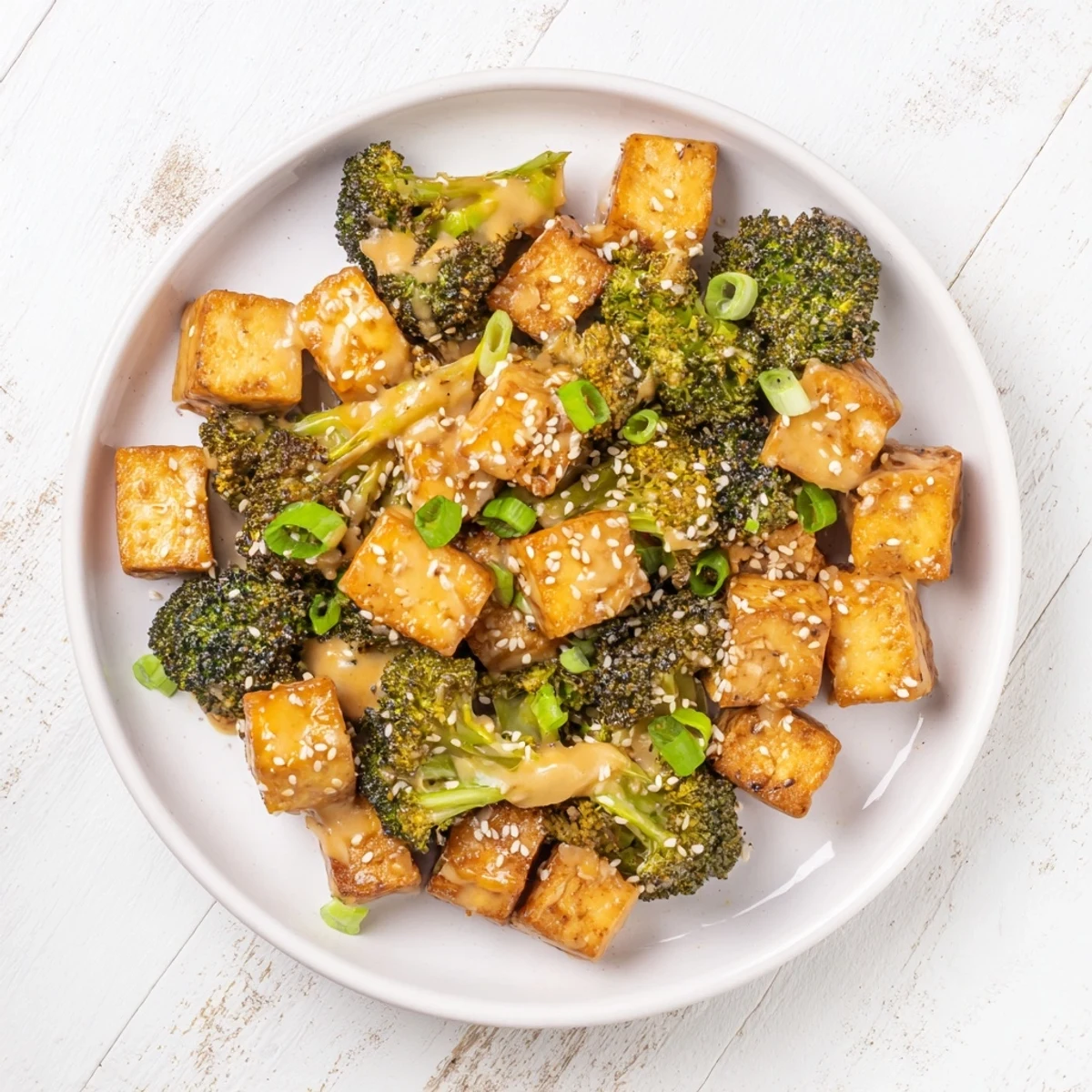 Golden-brown Cheesy Baked Tofu and Broccoli, served bubbling hot with sesame seeds sprinkled on top.