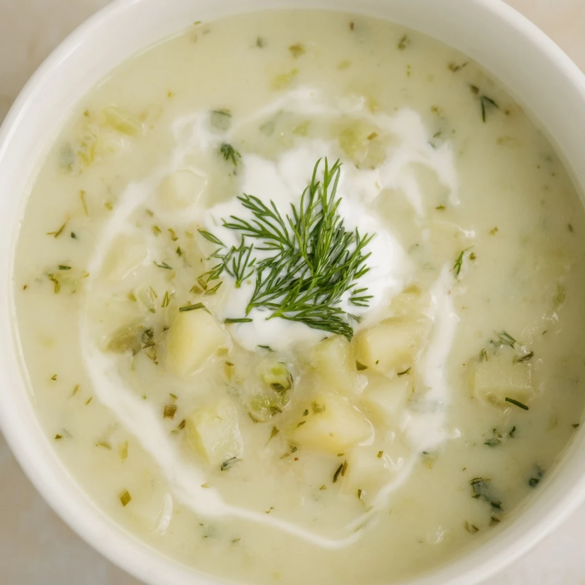 Steaming bowl of creamy dill pickle soup, brimming with pickles and fresh dill, ready to eat.