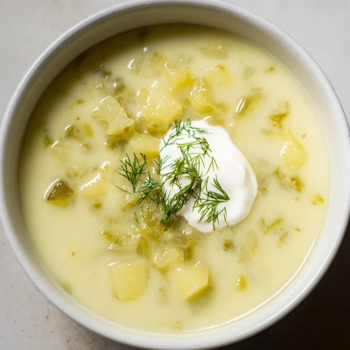 Close-up of creamy dill pickle soup, a hearty vegetarian soup with visible pickle and potato chunks.