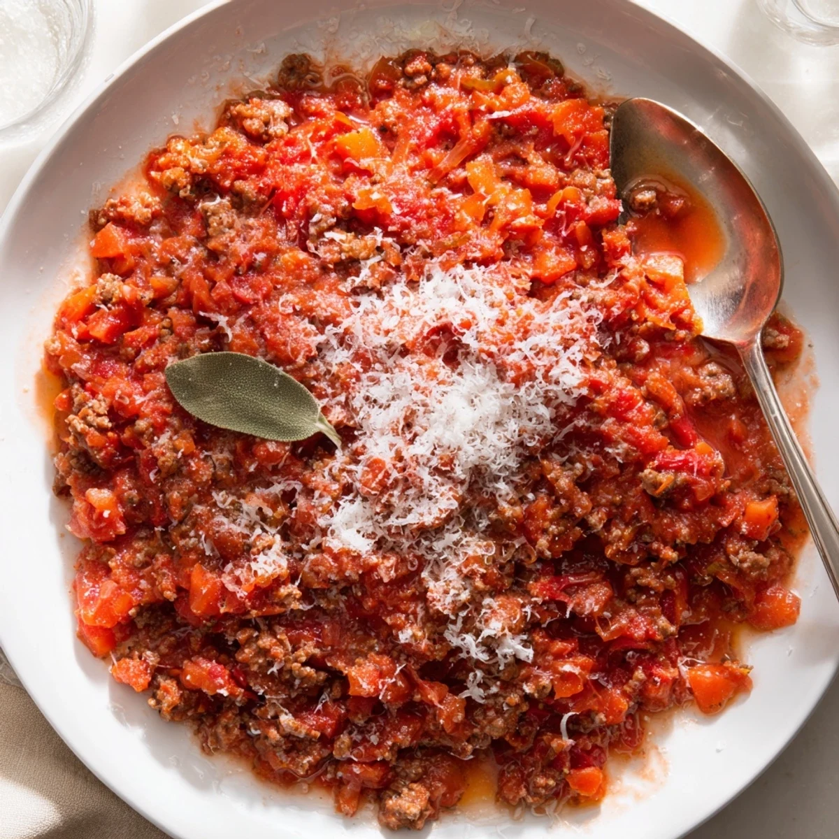 Creamy, slow-cooked Classic Tuscan Ragu simmering, with visible herbs and tender pieces of meat.