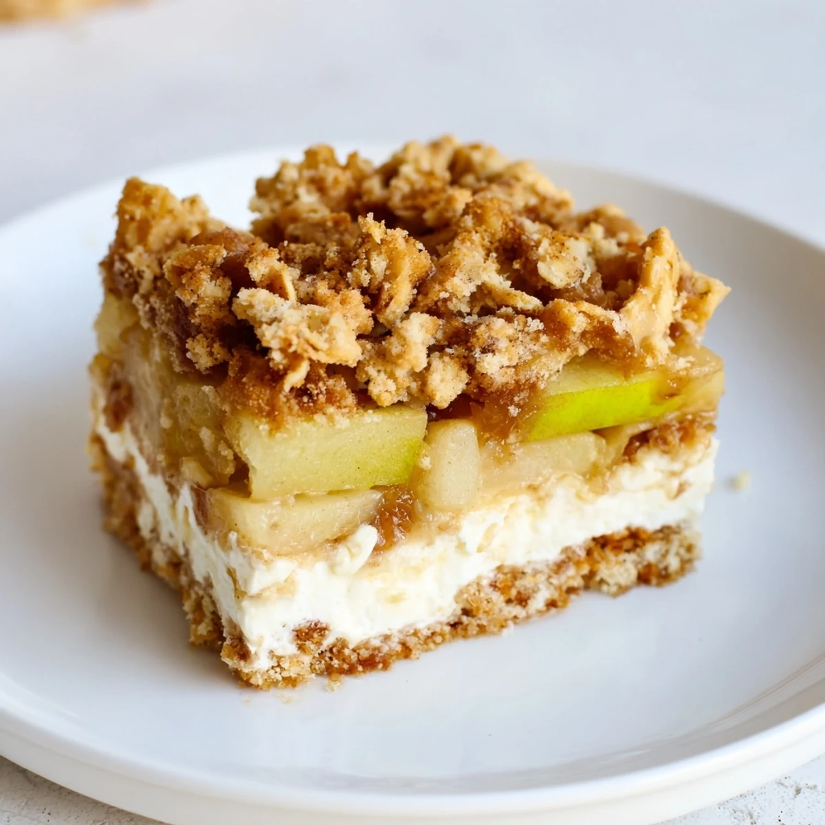 Golden baked Apple Crisp Cheesecake Bars, a layered dessert with a creamy cheese filling.