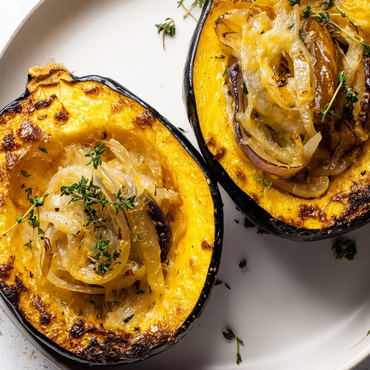 Melting Gruyere crowns the caramelized onions in this savory Acorn Squash recipe, perfect for a meal.