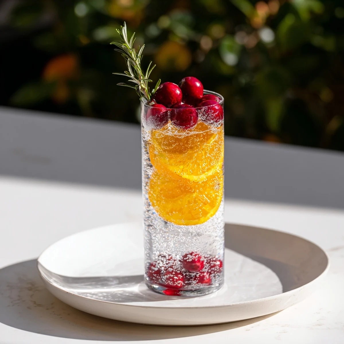 Snow Globe Mocktail with floating cranberries, sparkling refreshment for holiday feasting, beautifully garnished.