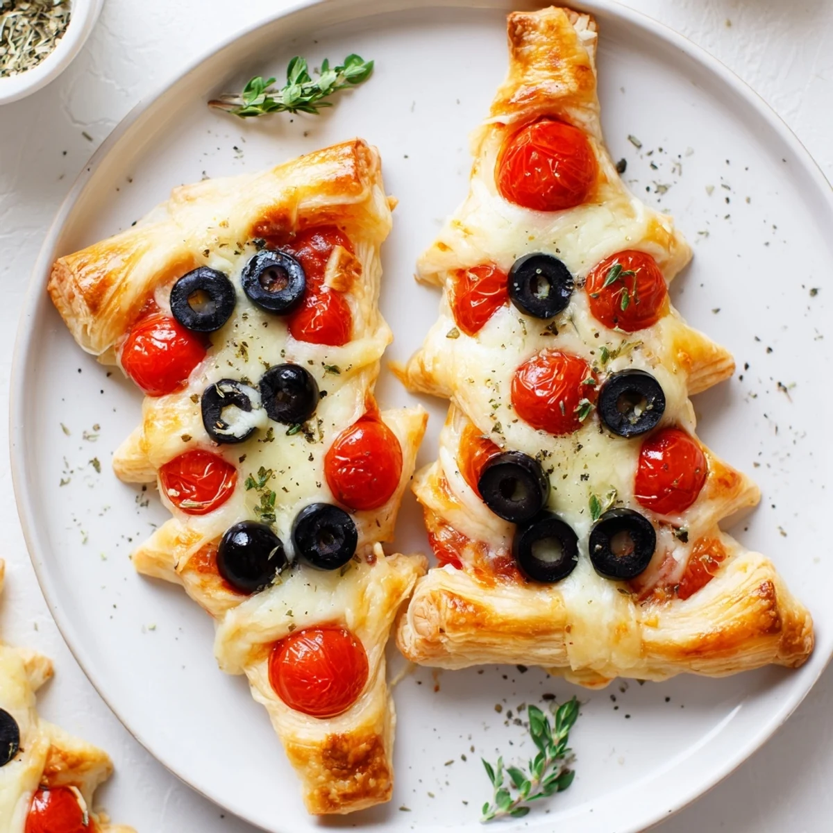 Warm, flaky Christmas Tree Pizza Bites with melted mozzarella cheese and vibrant cherry tomatoes, ready to eat.