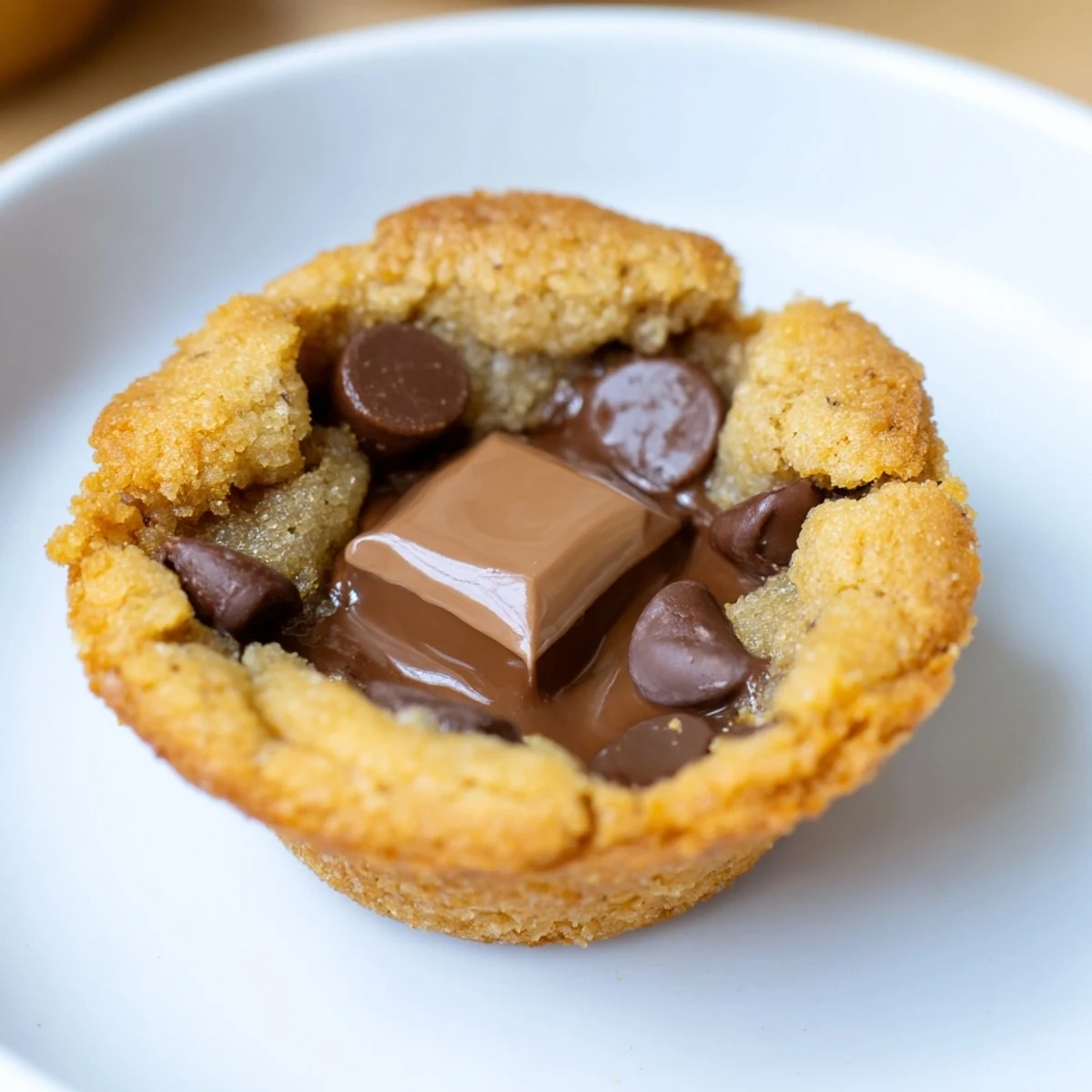 Freshly baked Air Fryer Gooey Cookie Cups, offering a delightful combination of soft cookie and a melty chocolate surprise.