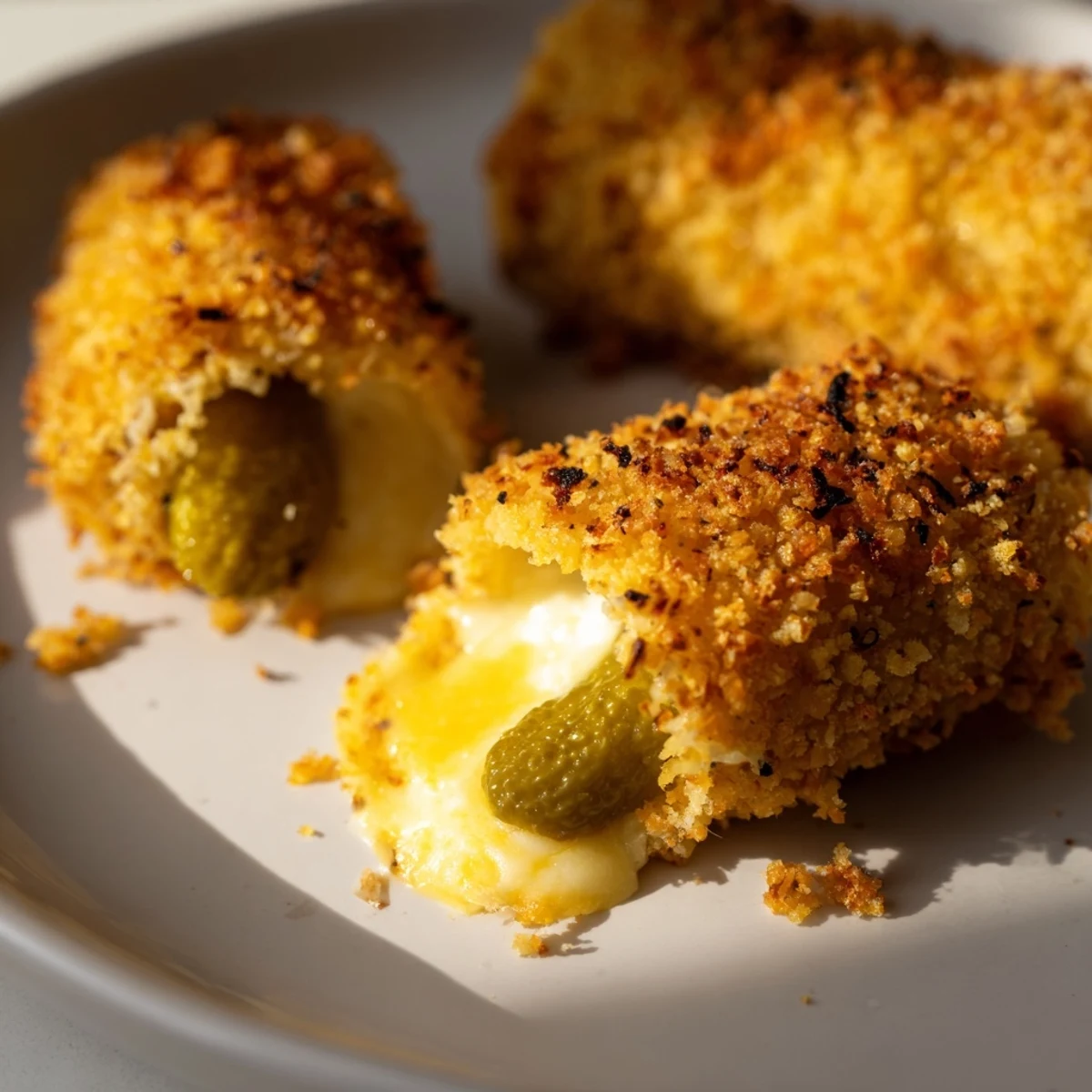 Golden, crispy cheese-wrapped pickle ornaments, offering a delicious bite of tangy pickle hidden inside.