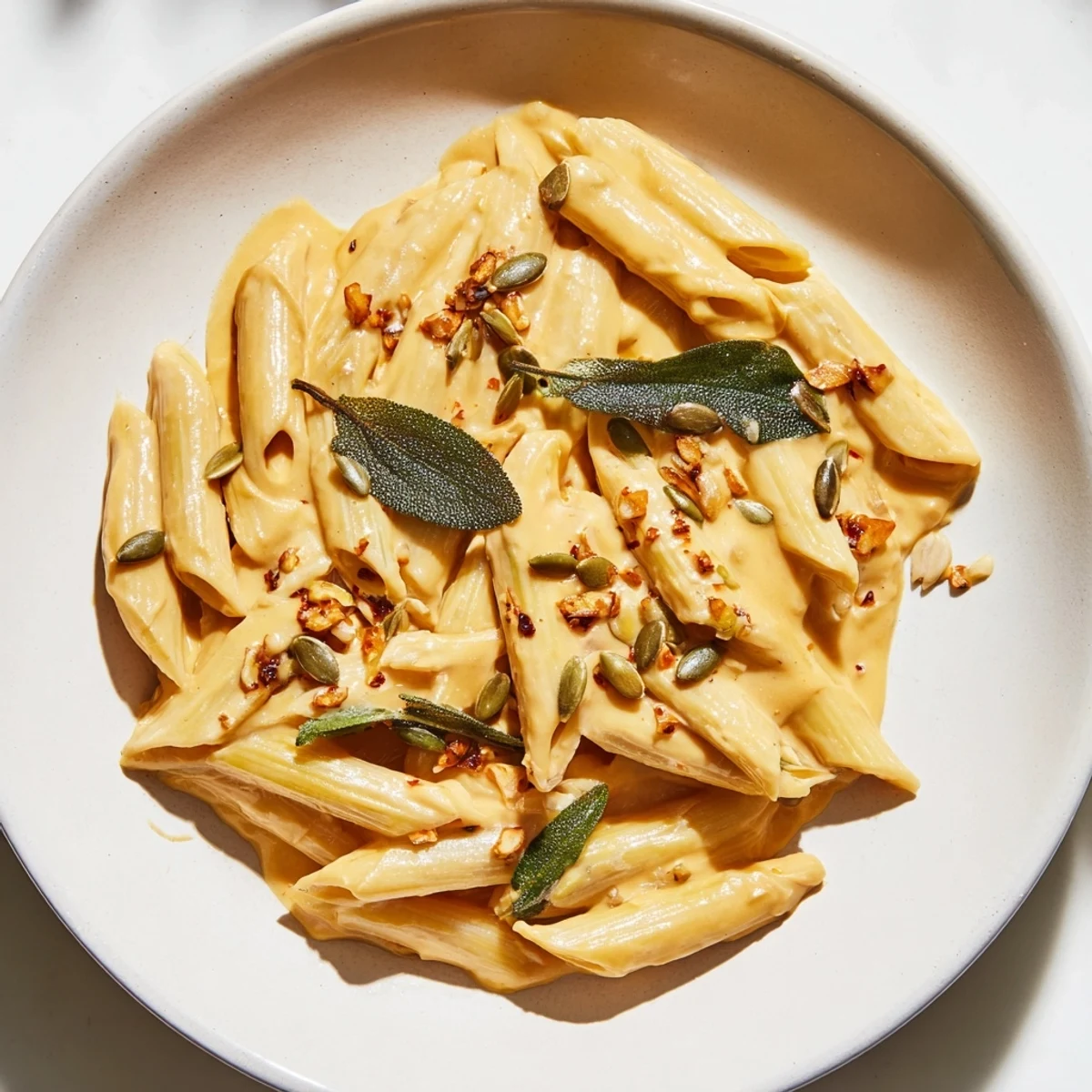 Rich and vibrant: a picture of Vegan Creamy Pumpkin Pasta with a smooth, velvety sauce.