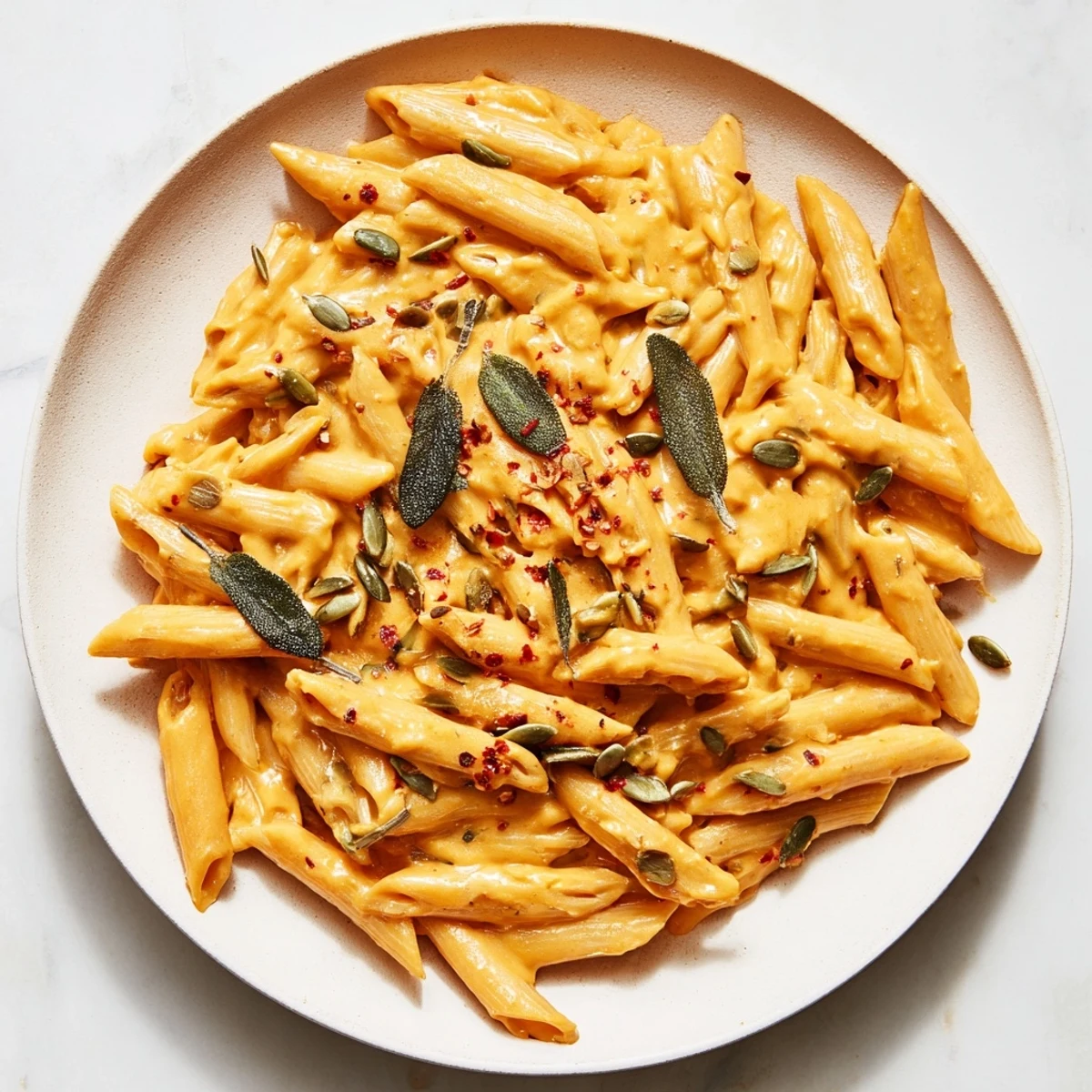 Steaming bowl of Vegan Creamy Pumpkin Pasta, garnished with toasted pumpkin seeds and fresh sage.