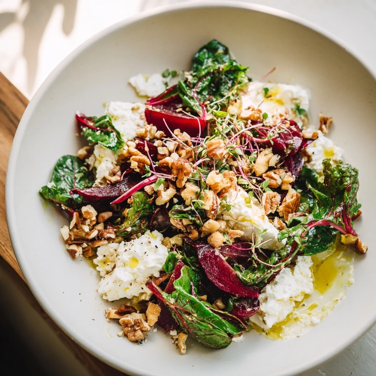 Vibrant Pomegranate Feta Wreath Salad with glistening red seeds and creamy feta, ready to serve.