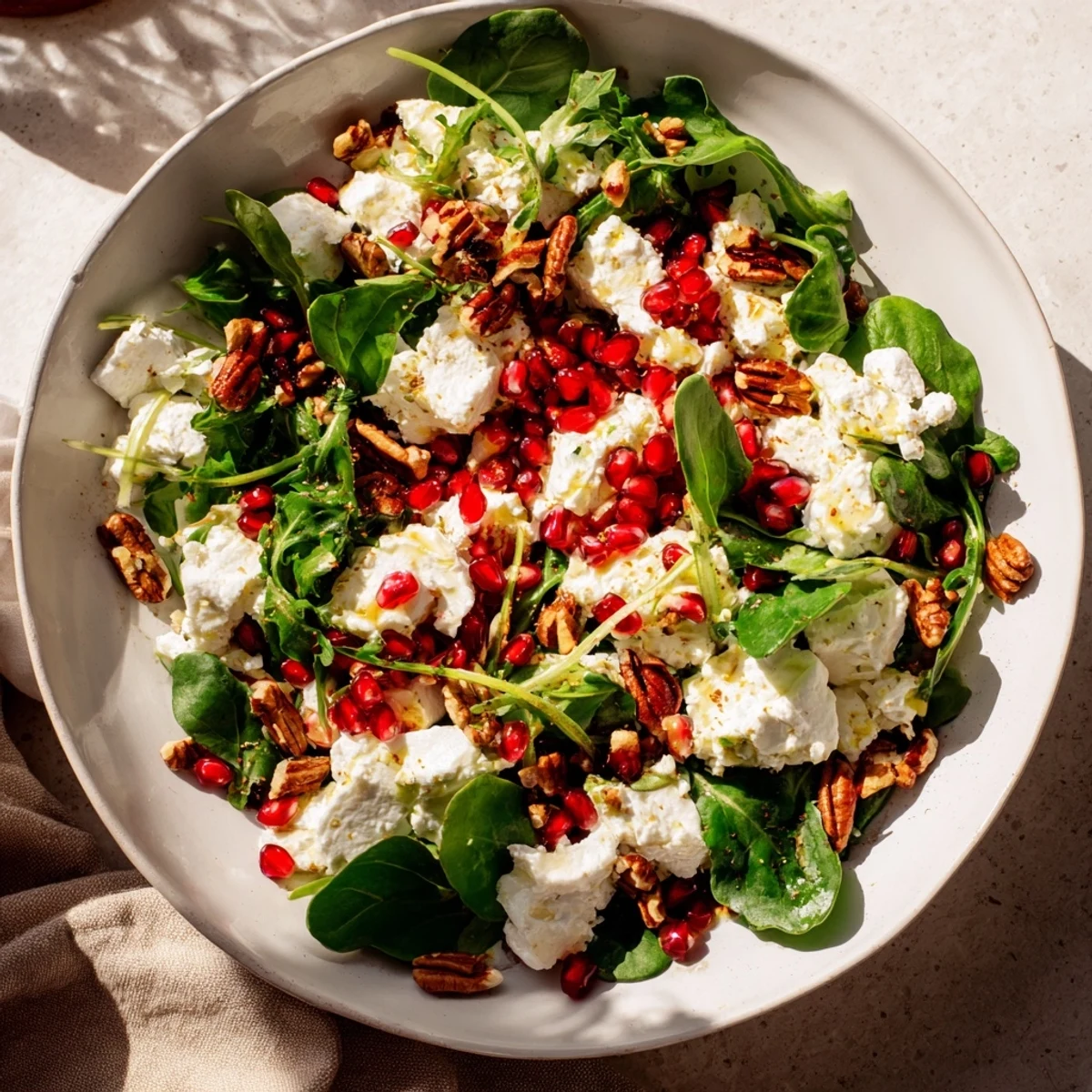 A delicious Pomegranate Feta Wreath Salad, featuring juicy pomegranate and toasted nuts for a perfect salad.