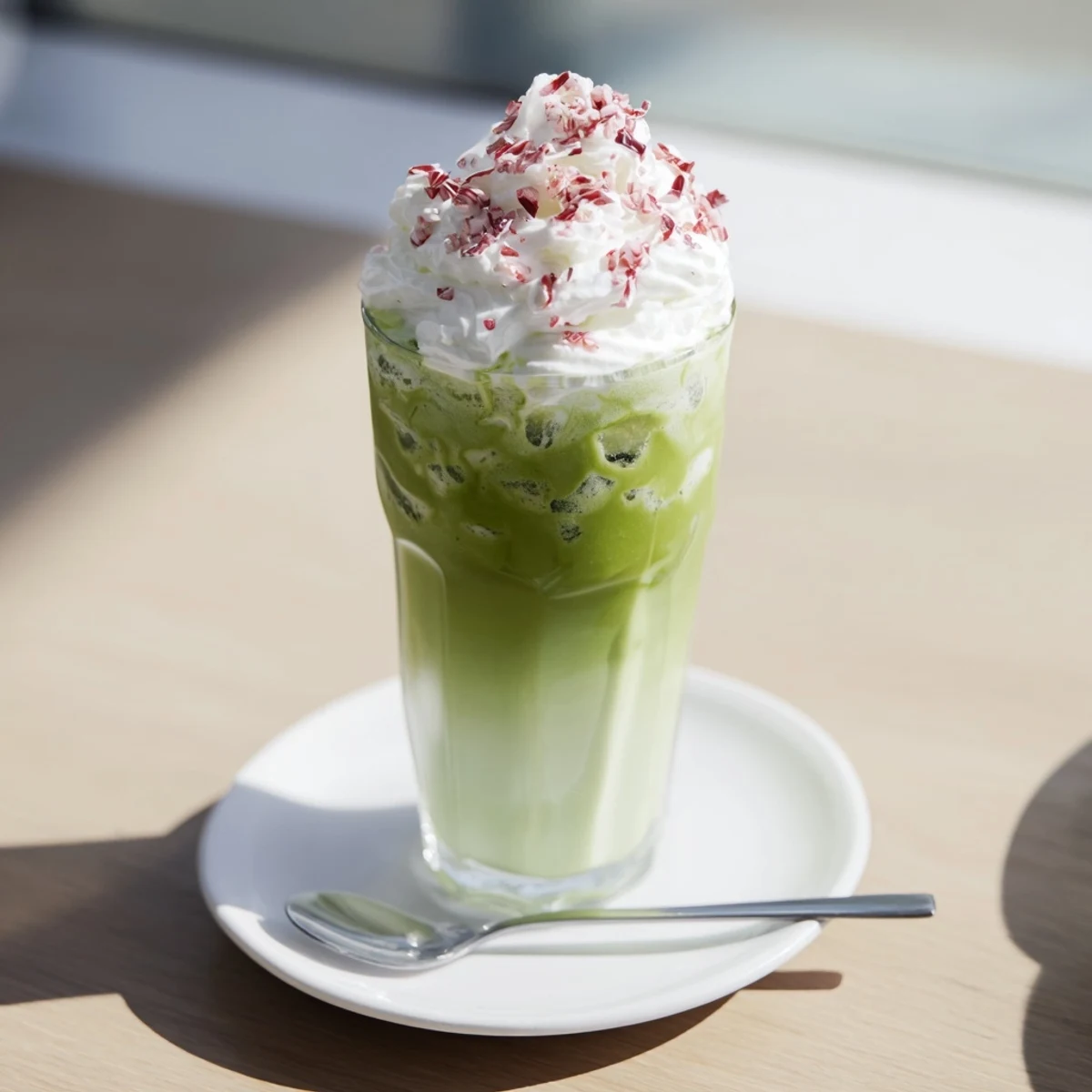 Sugar-Free White Chocolate Candy Cane Iced Matcha layered with whipped cream and crushed candy canes for a festive drink.