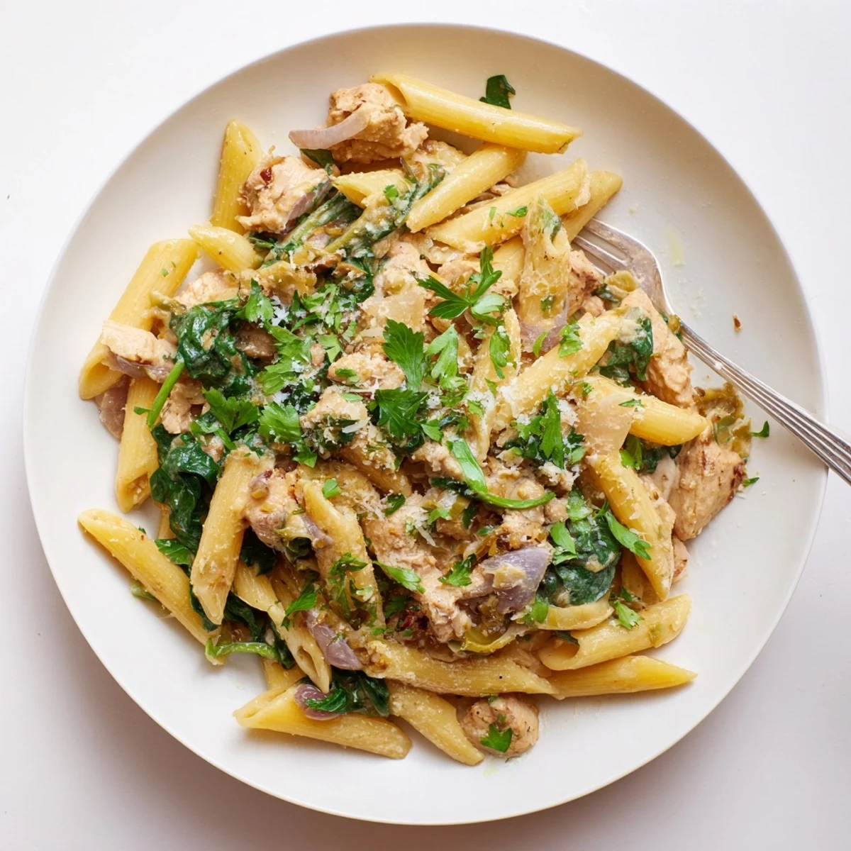 A steaming bowl of one-pot creamy spinach & turkey Christmas pasta with fresh parsley garnish.