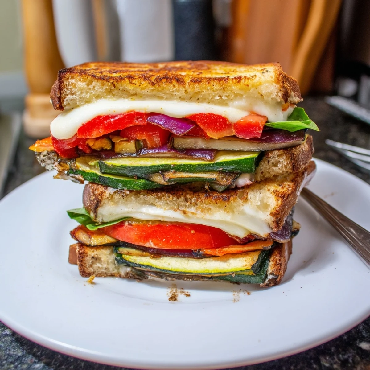Sheet-Pan Roasted Veggie Caprese Grilled Cheese with melted mozzarella and perfectly toasted sourdough bread.