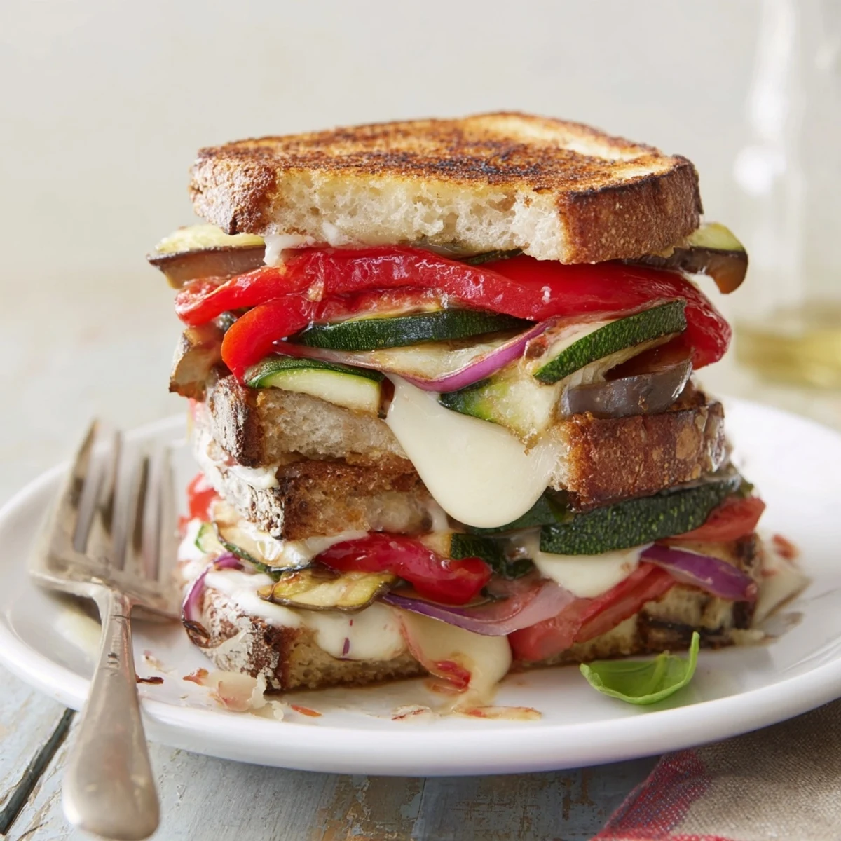 Golden, melted Sheet-Pan Roasted Veggie Caprese Grilled Cheese featuring colorful vegetables and fresh basil for each bite.
