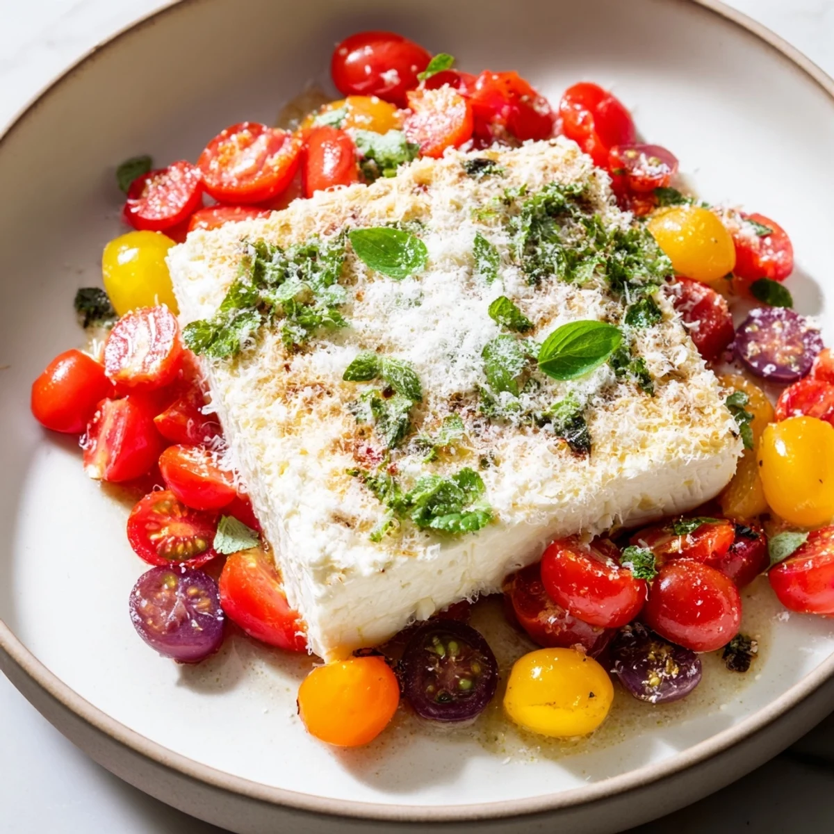 A festive holiday table shows off Baked Feta Snowfall Cherry Tomato Christmas Pasta, ready to serve and enjoy.