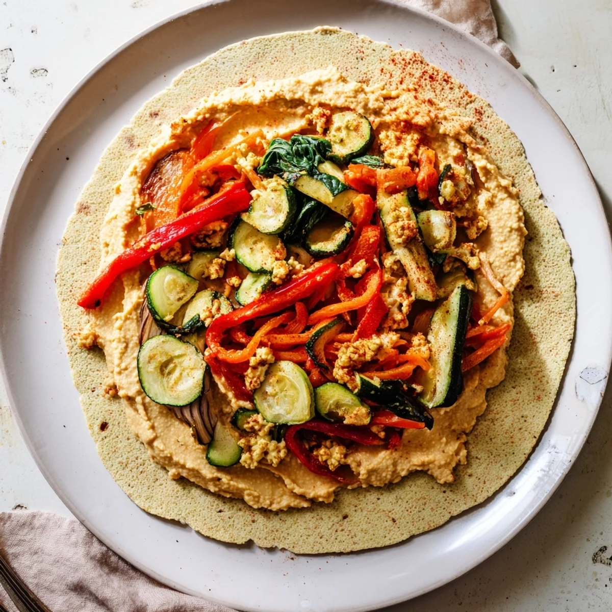 Snowflake Hummus & Roasted Veggie Wrap: a delightful, colorful view of the folded, layered wrap ready to eat.