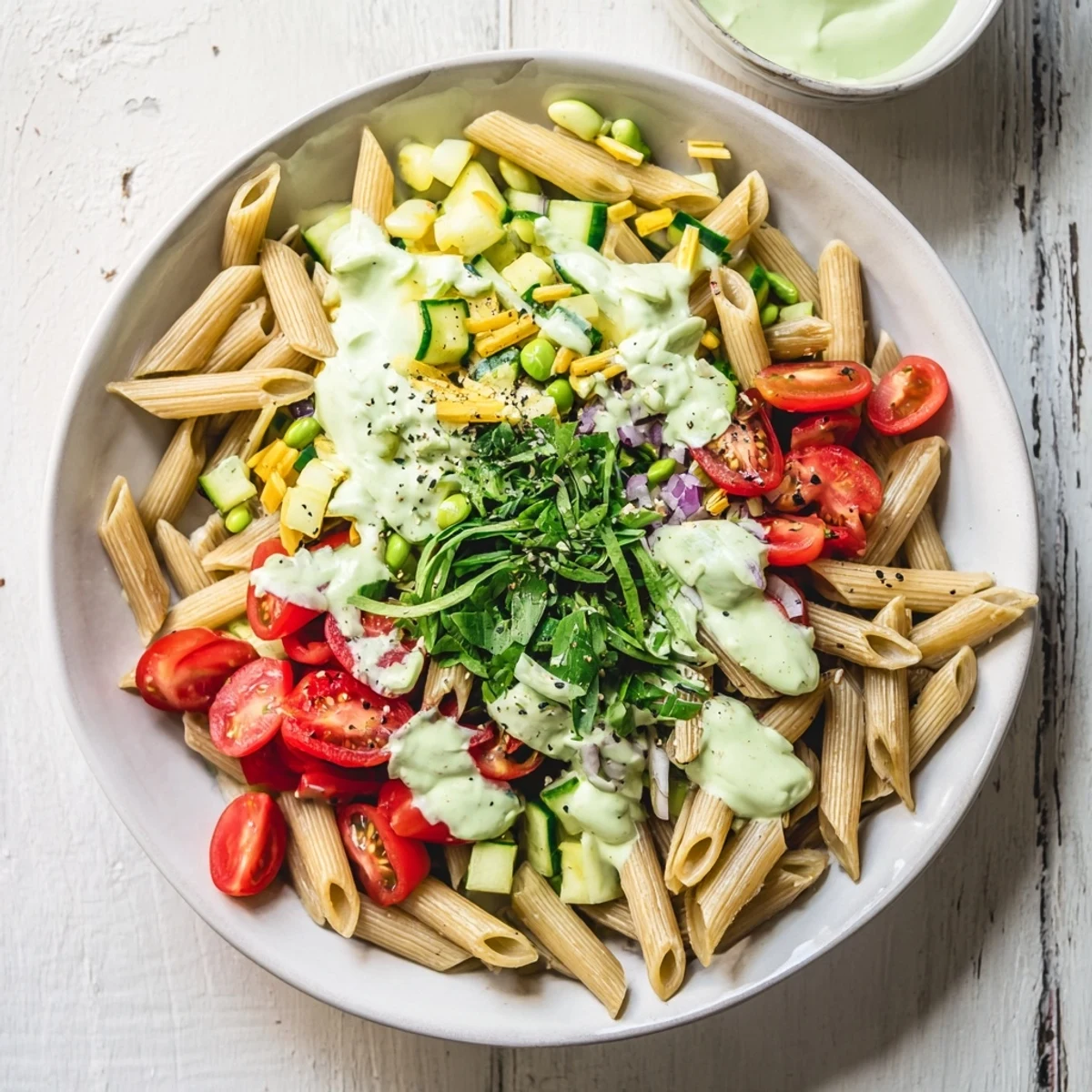 Cool, refreshing Holiday Glow Green Goddess Protein Pasta Salad served in a light-filled bowl.