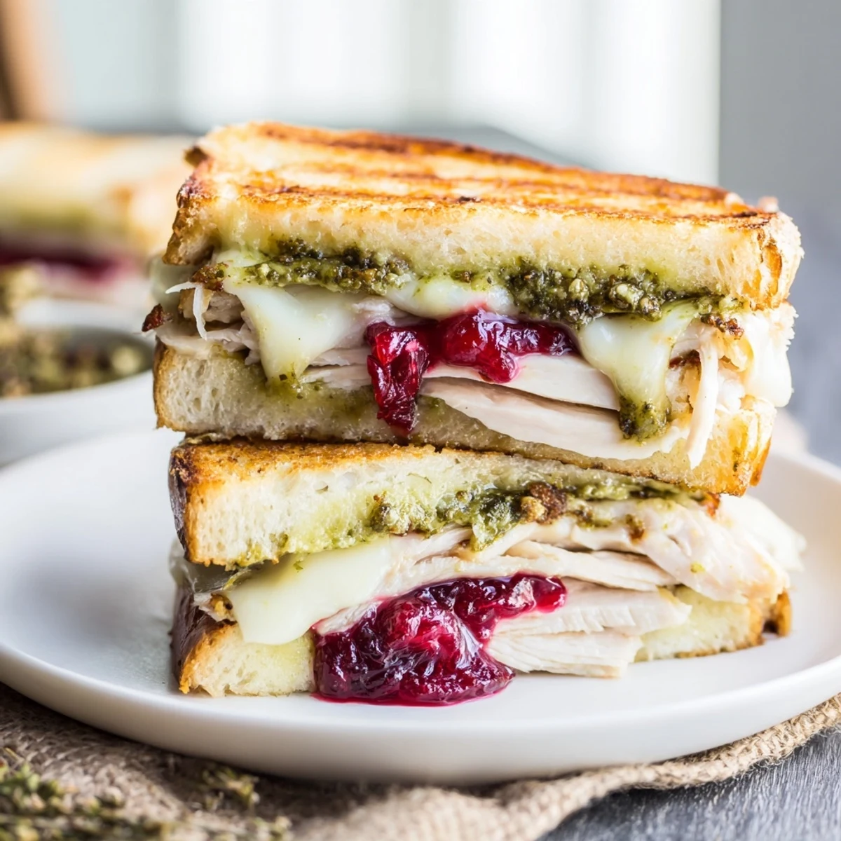 Warm, toasted Pesto Cranberry Turkey Grilled Cheese, a masterpiece sandwich bursting with flavor.