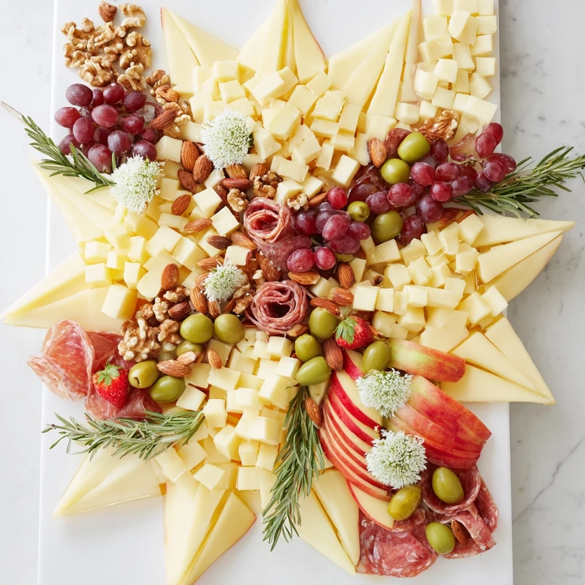 A colorful Star-Shaped Appetizer Board with cheeses, meats, and fresh fruit, ready to serve and enjoy.