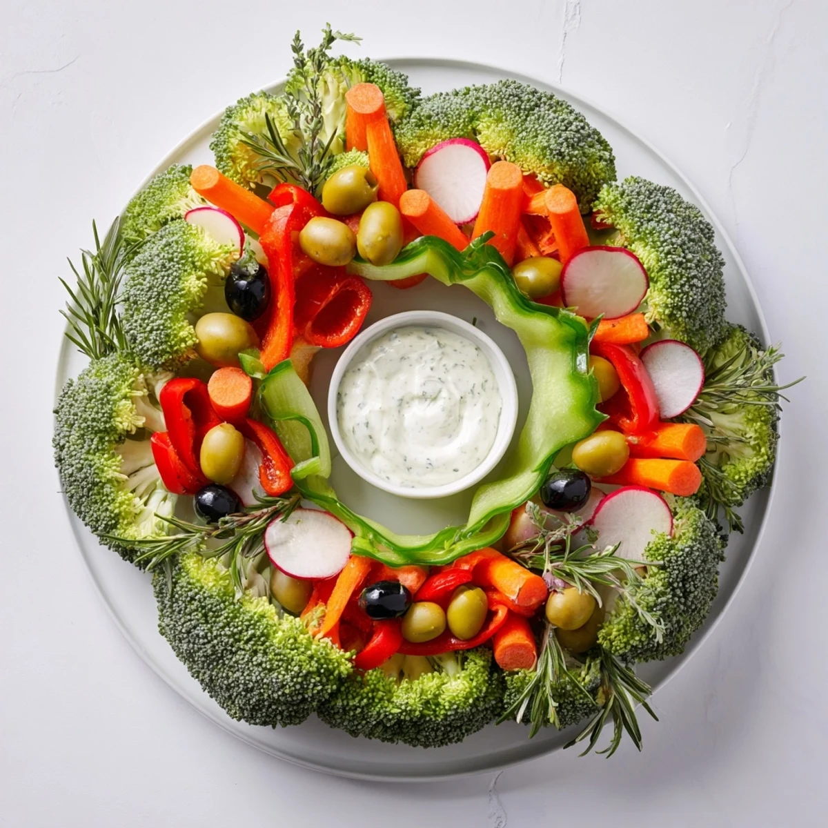 Vibrant Wreath Veggie Dip Platter featuring fresh, colorful vegetables and creamy ranch dip, ready to enjoy.