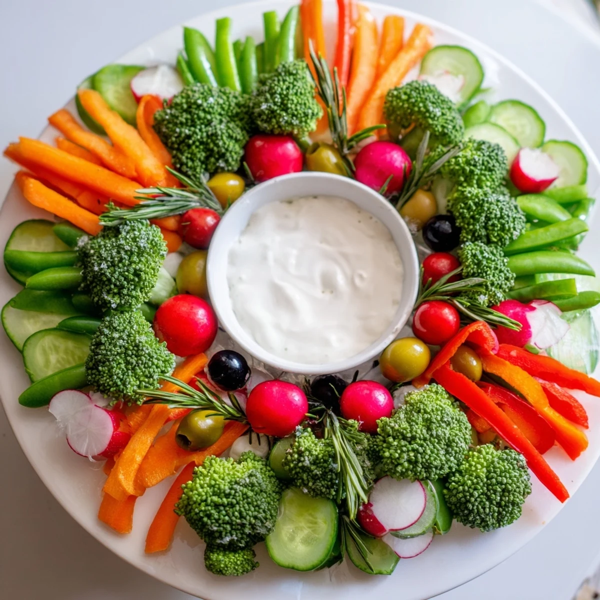 This festive Wreath Veggie Dip Platter offers a delicious, colorful array of fresh vegetables perfect for sharing.
