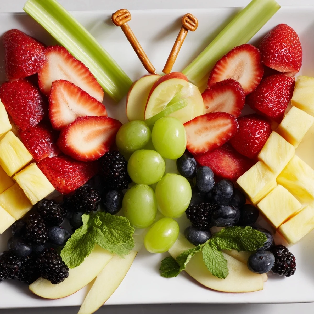 A colorful Butterfly Fruit Tray, perfect for kids, with strawberries and grapes in a vibrant display.