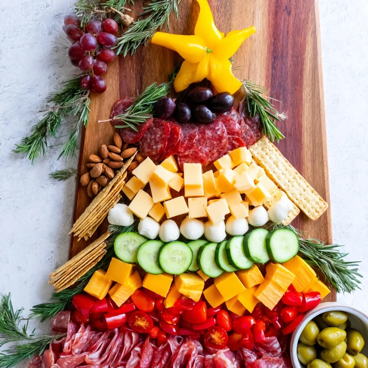 A Christmas Tree Snack Board overflowing with vibrant cheeses, meats, and fresh fruits ready for serving.