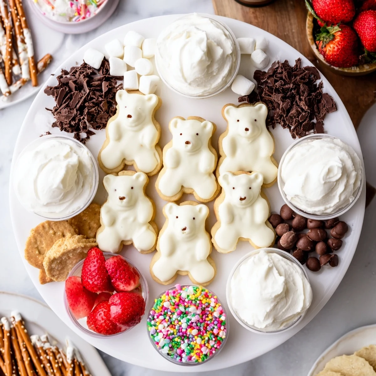 A beautifully arranged picture of a Cozy Bear Hot Cocoa Board filled with sweet treats and hot chocolate.