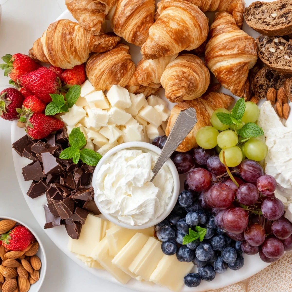 This vibrant Gift Box Brunch Board Delight shows croissants, bread, and assorted treats for sharing.
