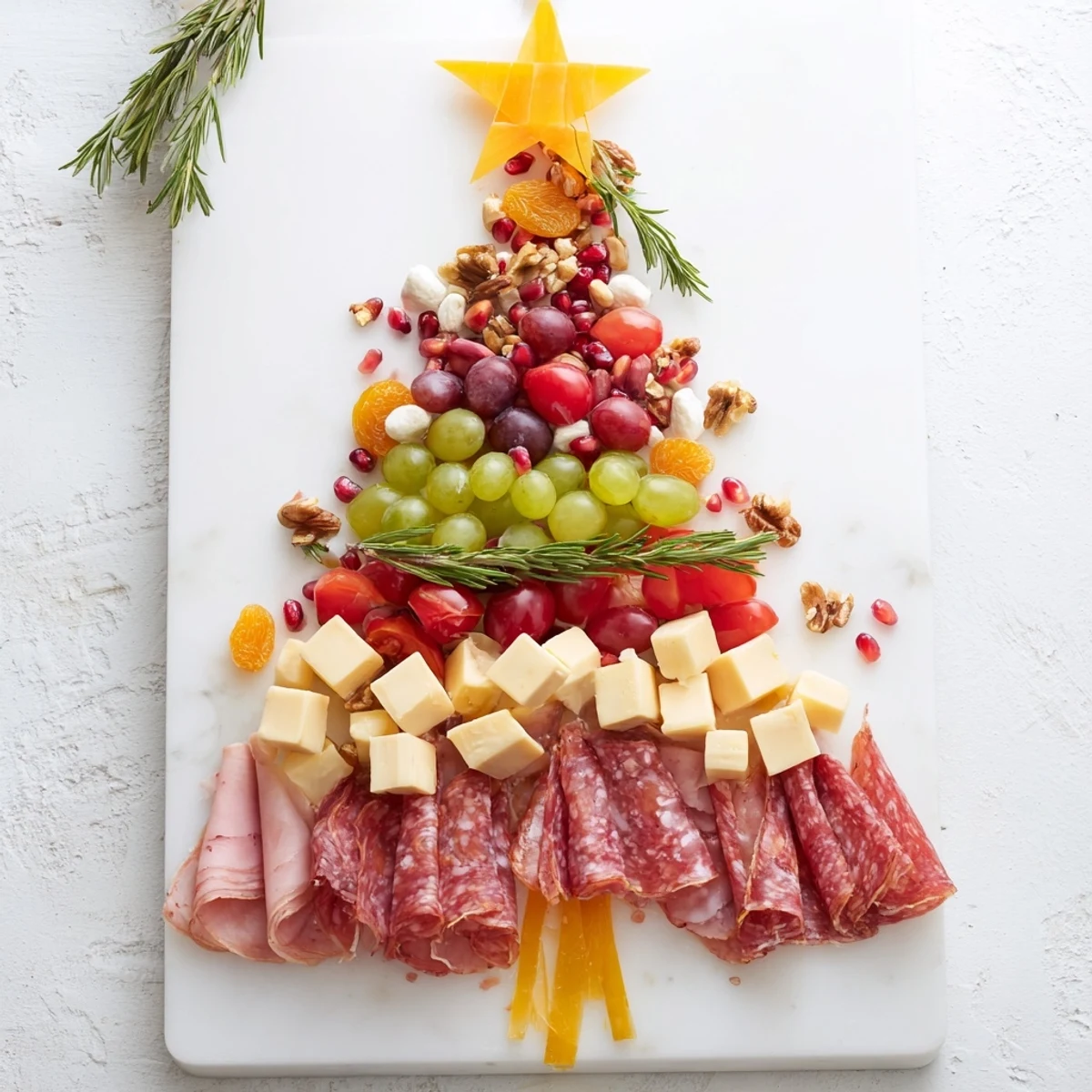 A Christmas Tree Charcuterie Dream featuring vibrant cheeses, meats, and fruits, arranged for a festive appetizer.