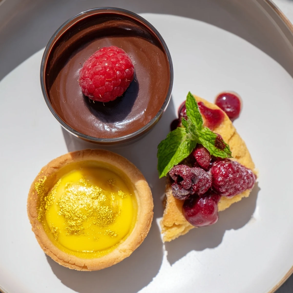 An Assiette de Desserts Starry Delight shines with miniature chocolate mousse, tartlets, and financiers, ready to enjoy.