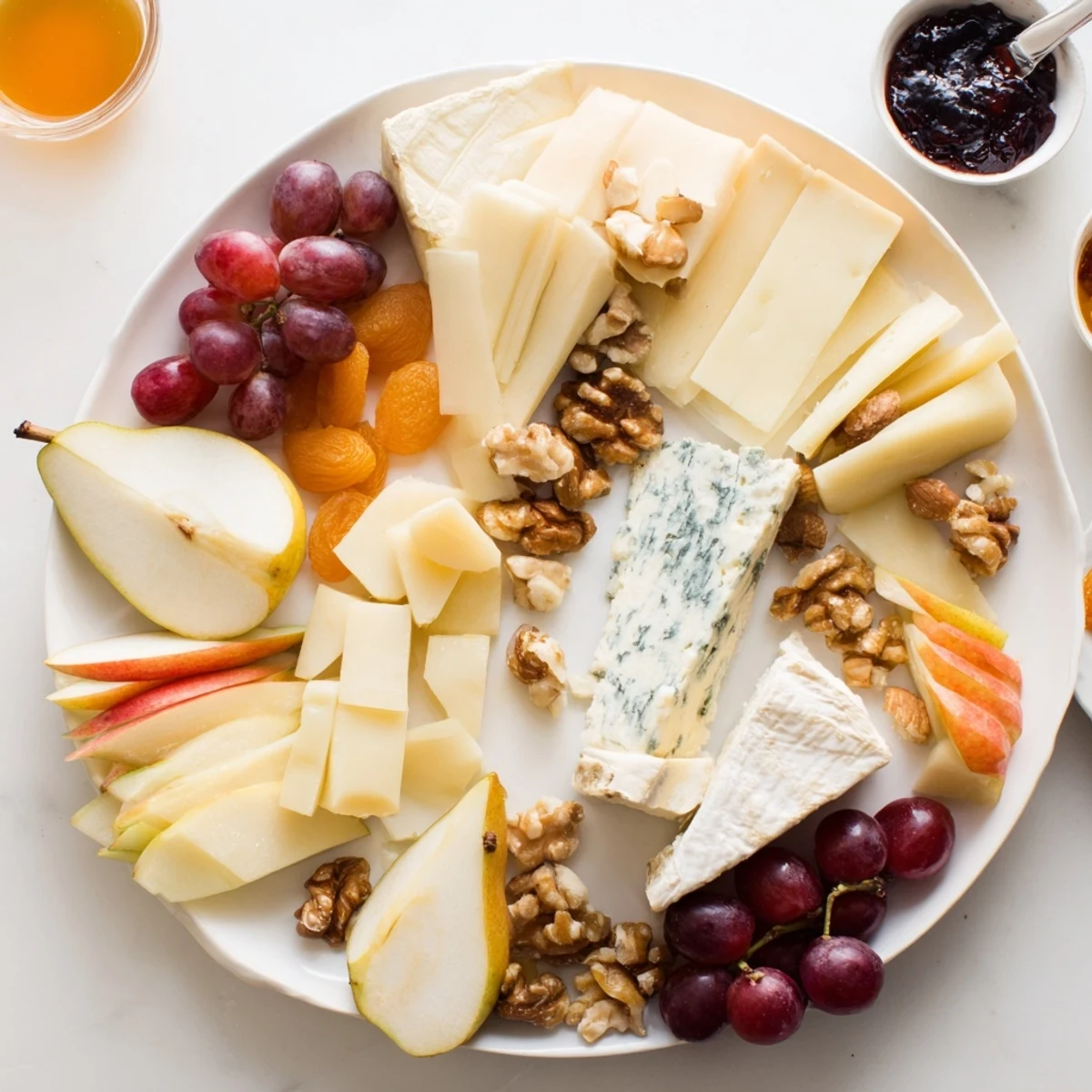 Magnificent cheese platter features the Cœur Passion, a French cheese selection amidst fruits and nuts.
