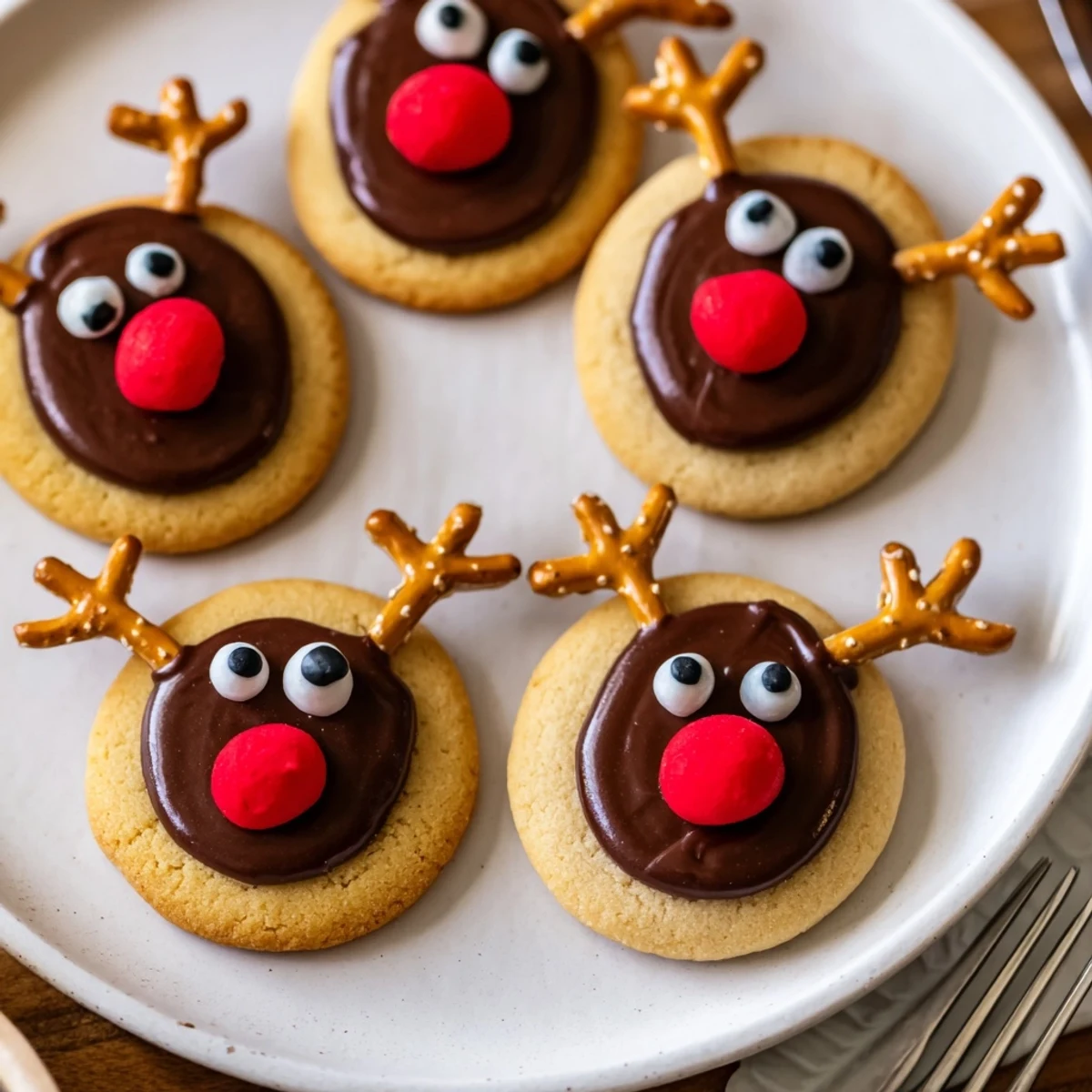 These festive Santa's Reindeer Cookies feature brown icing faces, red noses, and pretzel antlers.