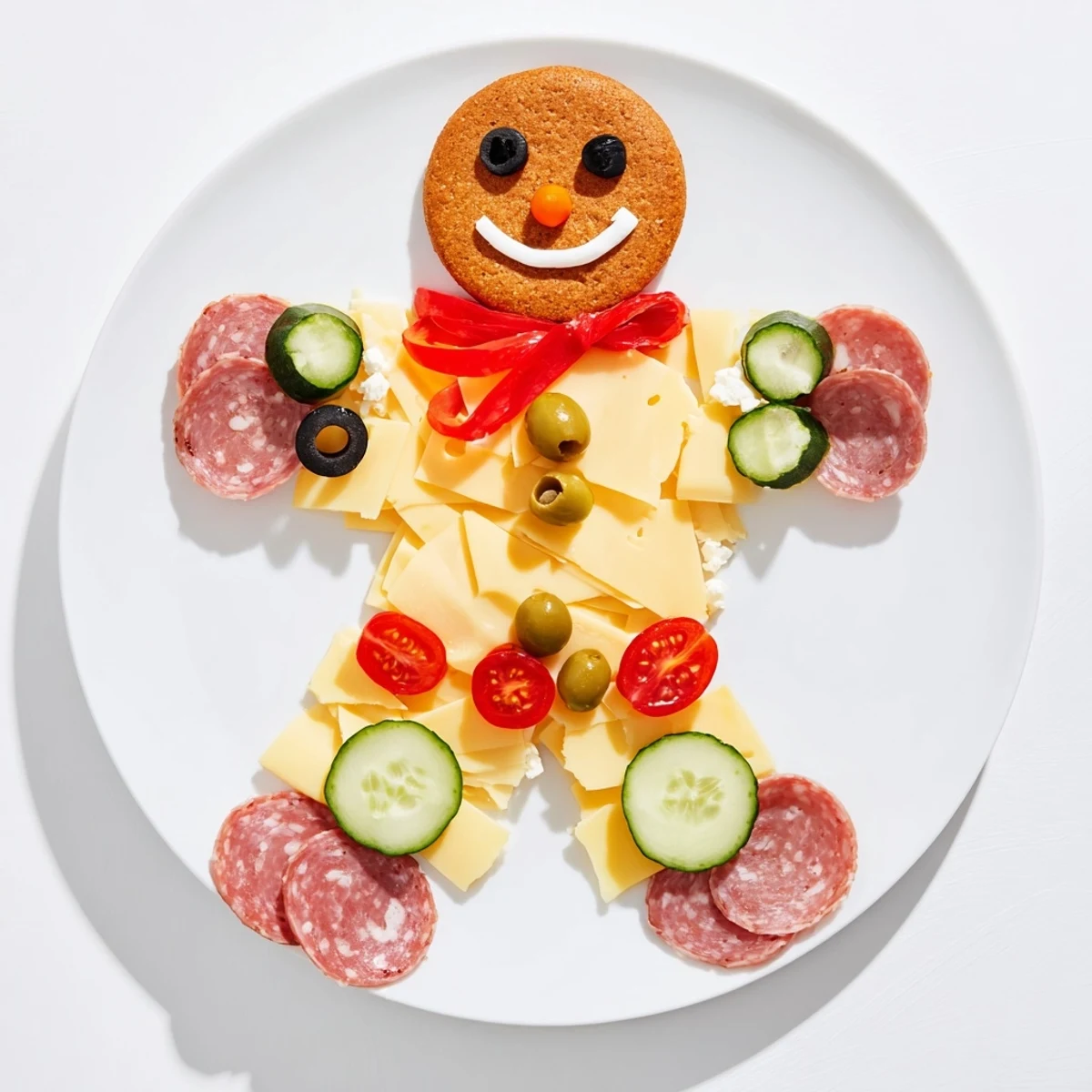 Festive Gingerbread Man Savory Charcuterie: Holiday appetizer platter overflowing cheeses, meats, and colorful vegetable garnishes beautifully arranged.