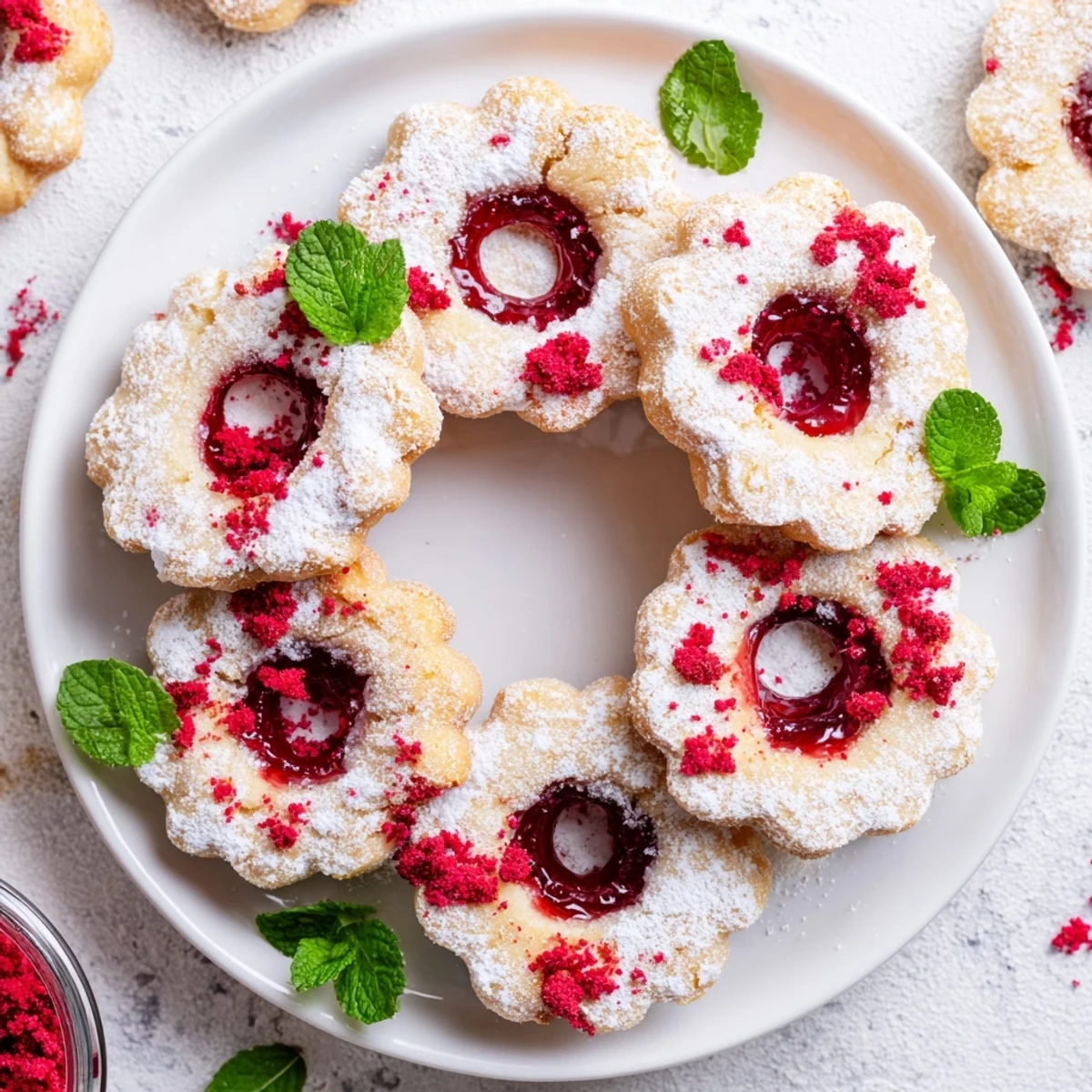 Vibrant raspberry jam fills the Sweet Wreath cookie platter, dusted with powdered sugar, ready for serving.