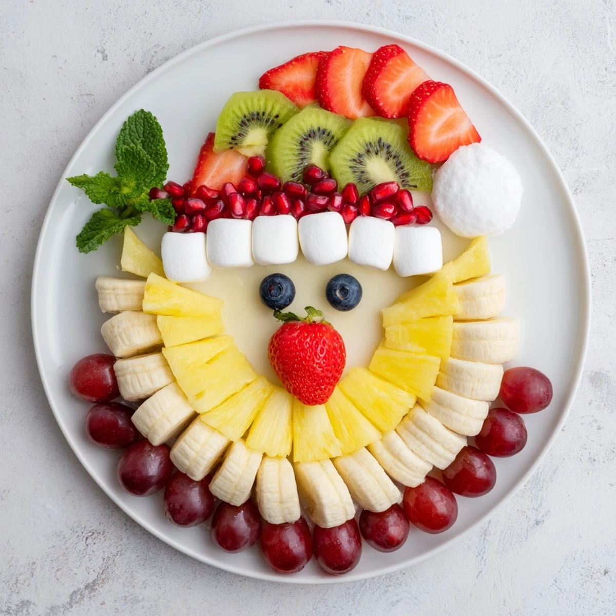 Festive Santa fruit platter with a juicy pineapple beard, an easy holiday treat.