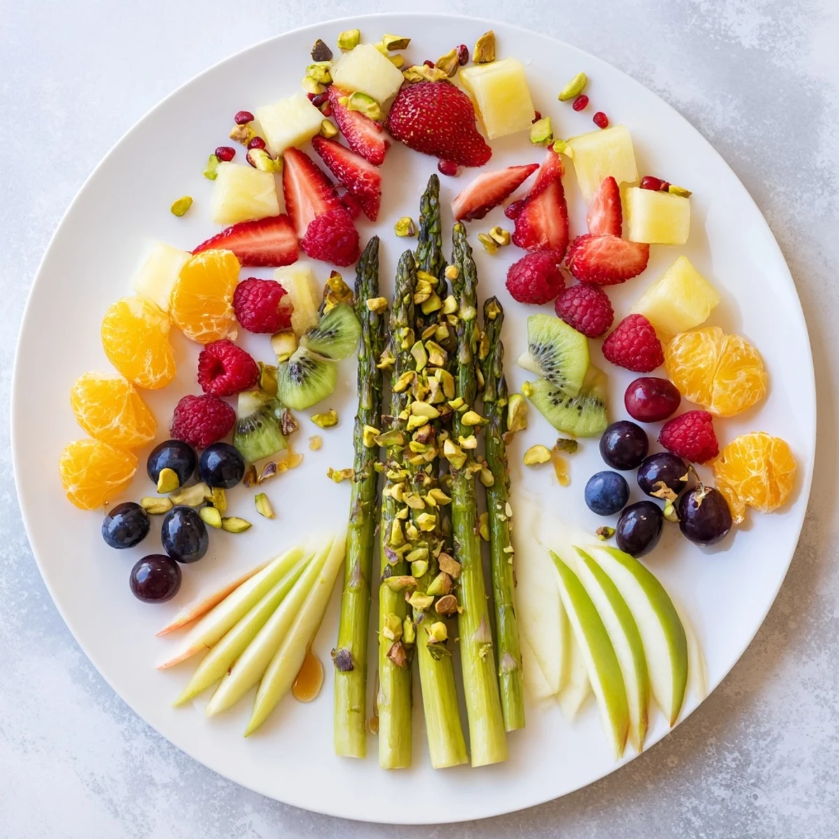 Vibrant Asparagus Stem Floral Fruit Board bursting with fresh fruit and beautifully arranged asparagus branches.