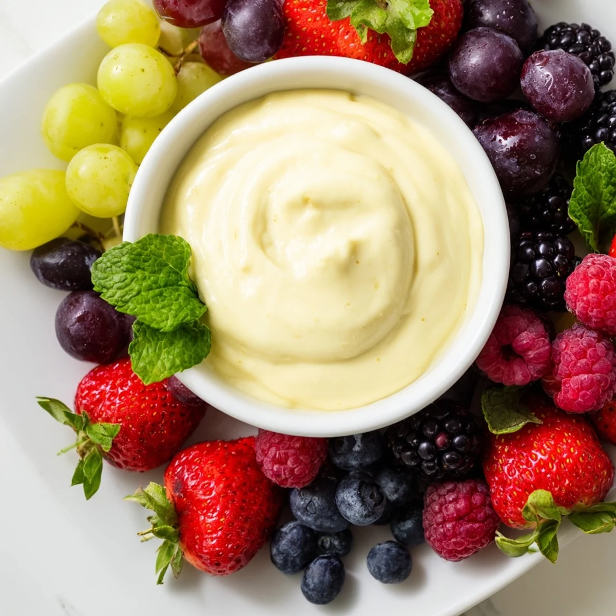 Enjoy a vibrant, fresh-fruit Mistletoe Kiss Berry Dip Board, ready in minutes with a luscious creamy dip.