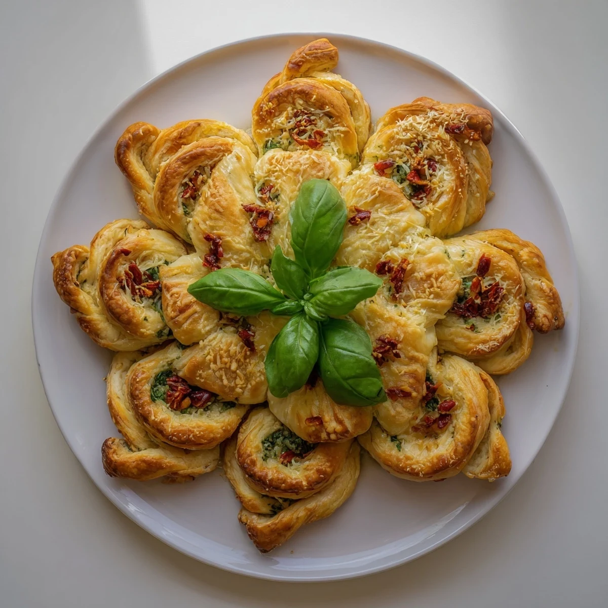 Golden and flaky Poinsettia Puff Pastry Appetizer, perfect for holiday gatherings with herbed cream cheese.