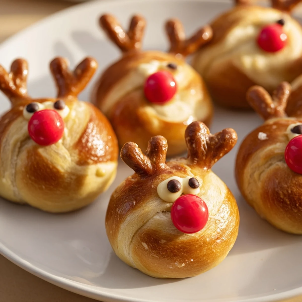 Savory Rudolfs Red Nose Pretzel Bites with cheese filling and a bright red candy nose on top.